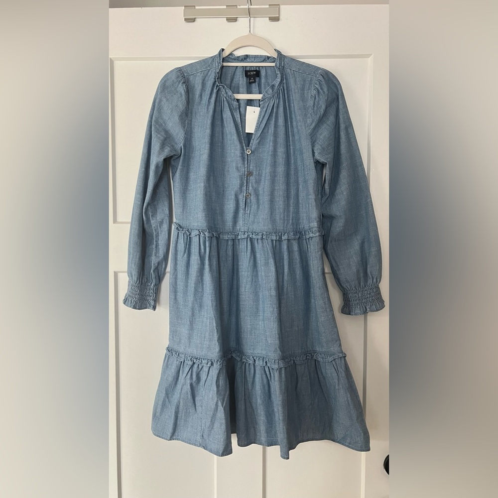NWT JCrew Chambray Denim Ruffle Long Sleeve Dress - Zero